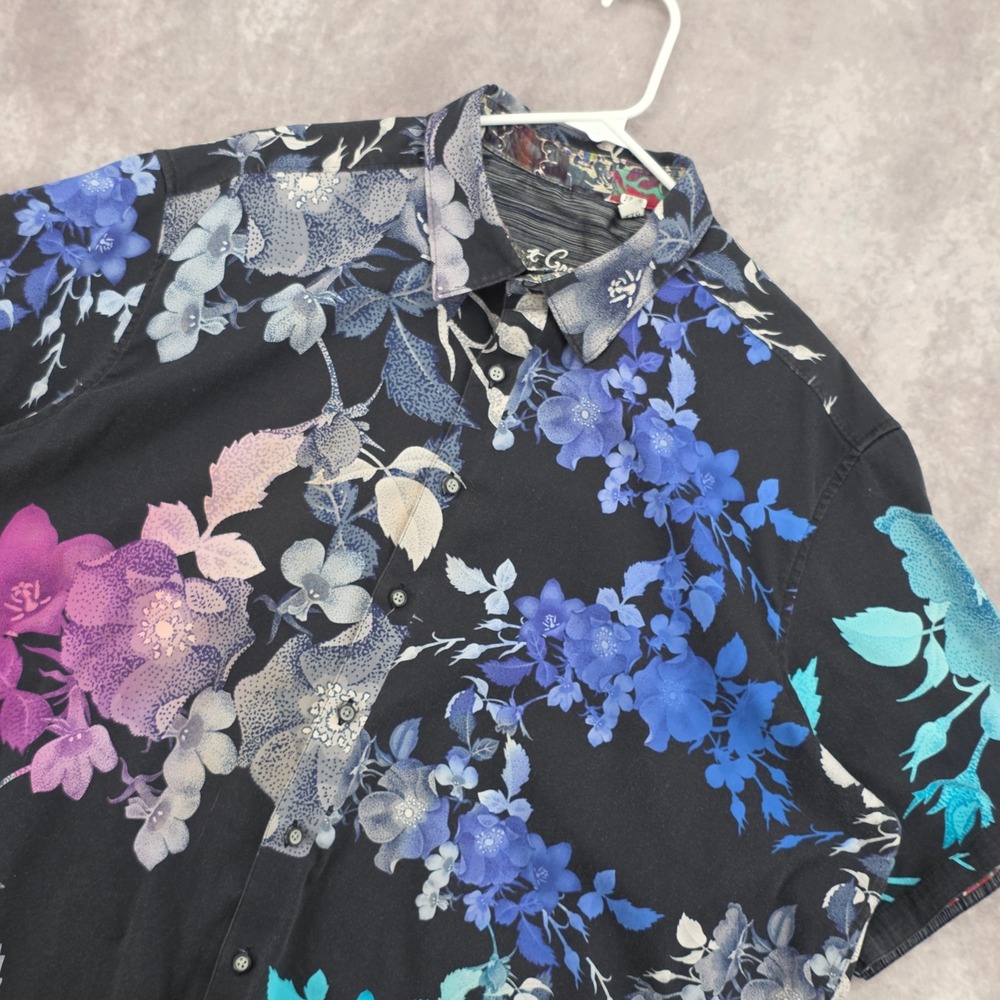 Robert Graham Button Down Shirt Mens 2XL Black Floral Short Sleeve Purple Blue